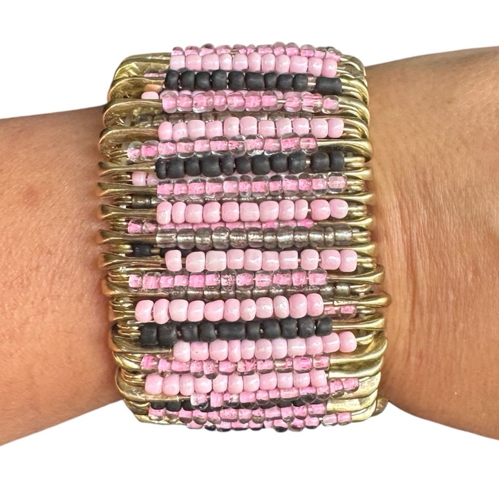 Pink, black, translucent 178 Beaded Bracelet with gold tone